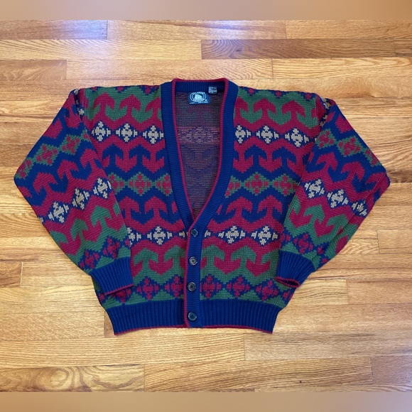 amazing 80s geometrical cardigan sweater Atlantic traders XL colorful Kurt Cobai - Picture 1 of 6